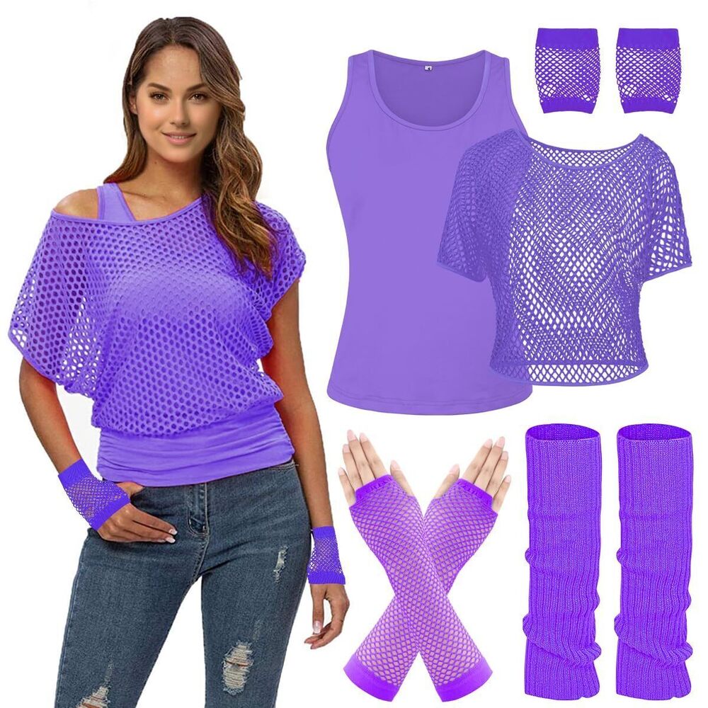 8202 Casual Sexy 80s Costumes Fishnet Neon Off Shoulder T-Shirt 80s Costume